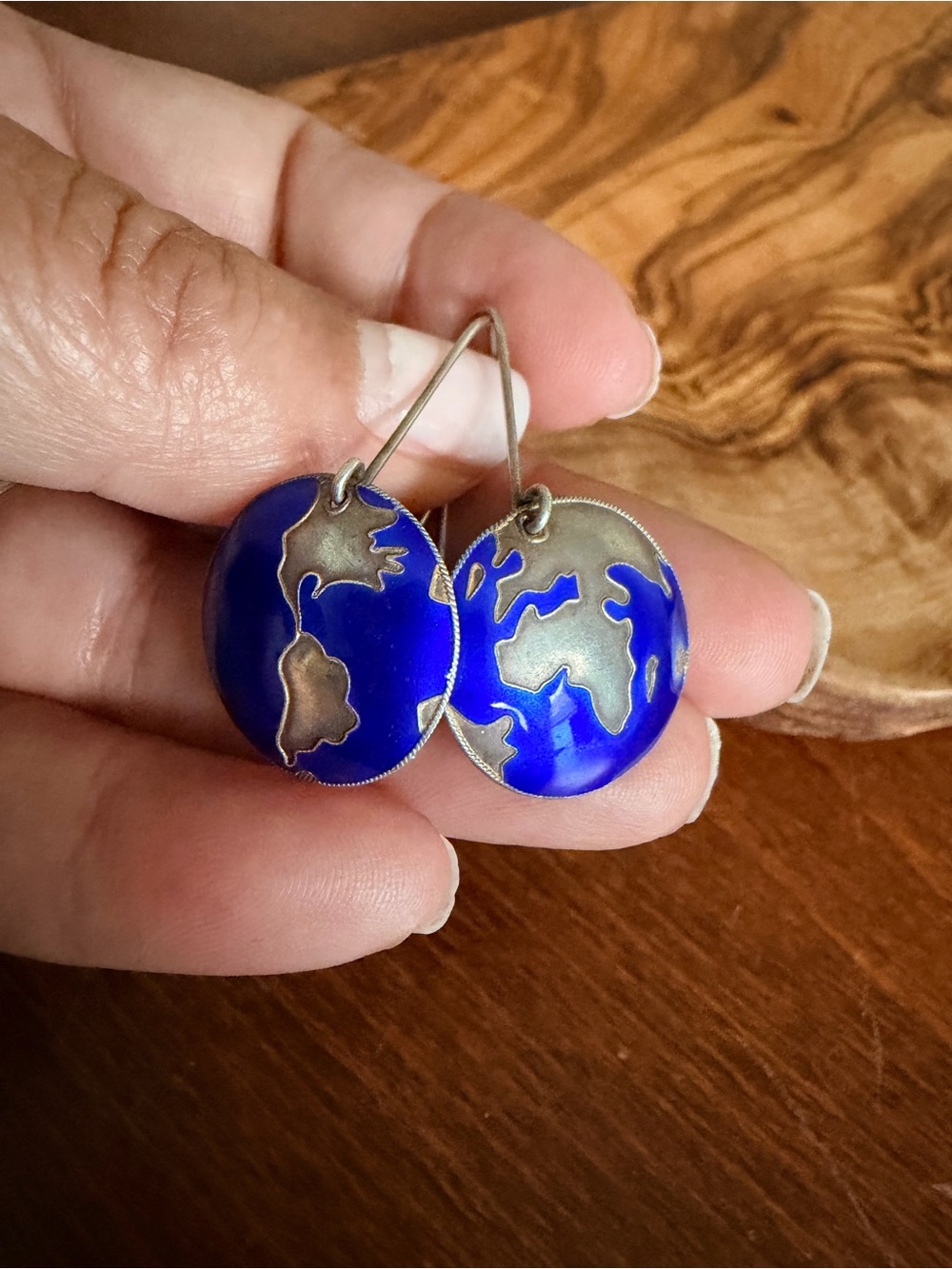 Vintage Blue Enamel Sterling Silver  Globe Drop Earrings - Women Jewelry